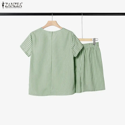 ZANZEA Fashion Summer 2 Piece Sets V Neck Short Sleeve Blouse Short Sets Women Casual Striped Outfits Holiday Tracksuit Oversize