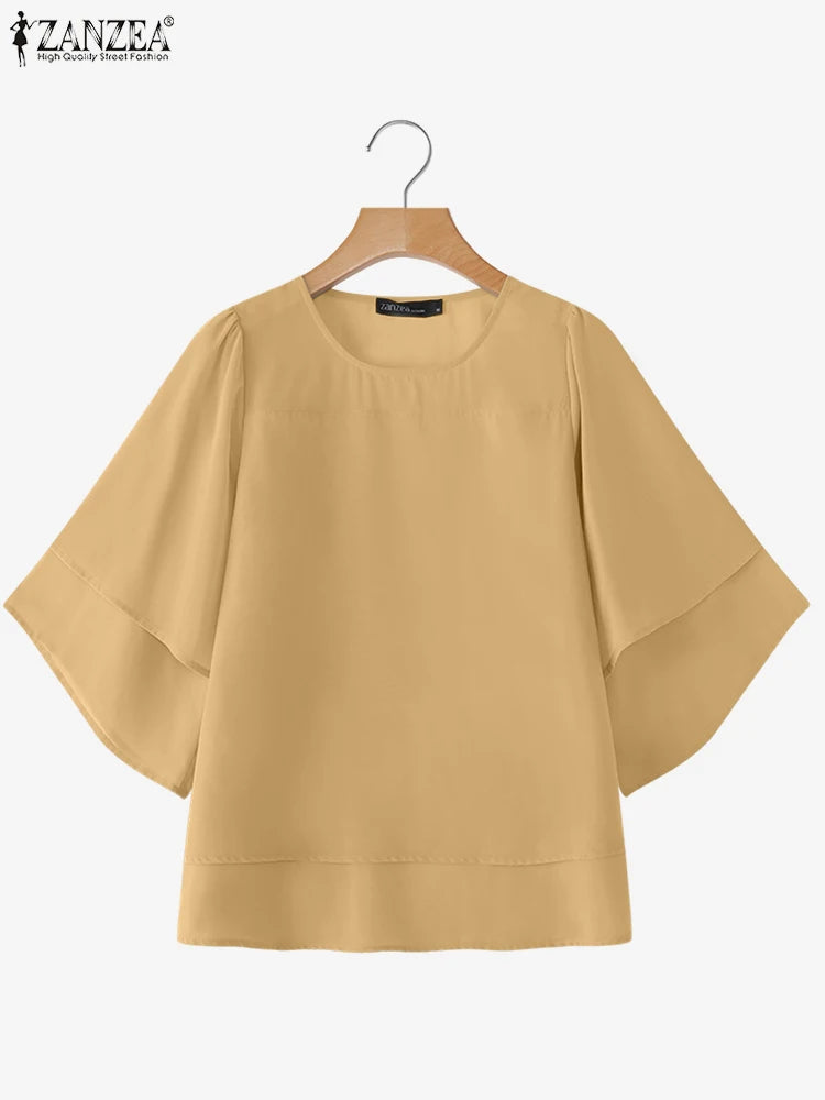 2025 ZANZEA Fashion Women Chiffon Blouse Solid Color Tops Tunic Autumn 3/4 Sleeve Ruffled Shirts Casual Office Lady Elegant Tops