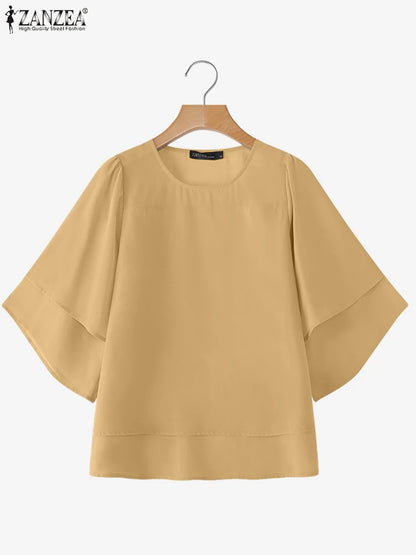 2025 ZANZEA Fashion Women Chiffon Blouse Solid Color Tops Tunic Autumn 3/4 Sleeve Ruffled Shirts Casual Office Lady Elegant Tops