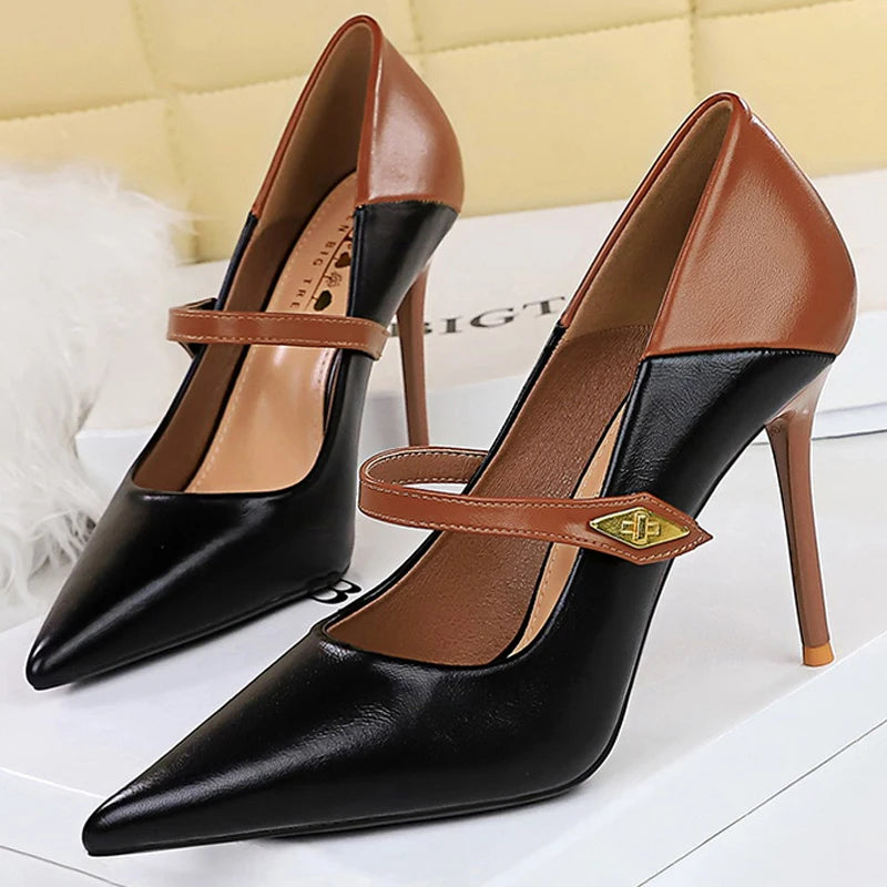 BIGTREE Shoes Color Block Women Pumps Buckle Design High Heels Stiletto 10 CM Fashion Banquet Shoes Luxury Office Shoes Size 43