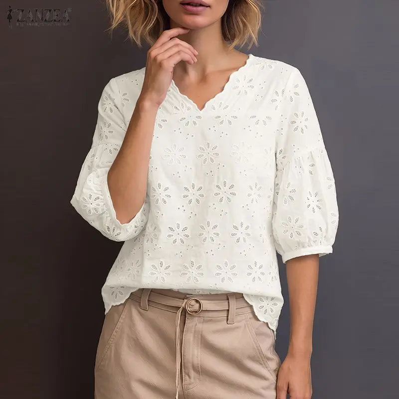 ZANZEA 2026 Eyelet Embroidery Blouses Woman V-Neck Lantern Sleeves Solid Patchwork Tops Summer Casual Vacation Daily Wear Blusas
