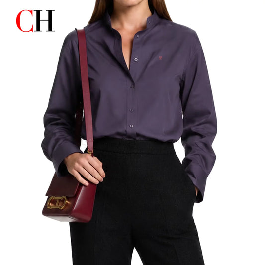 CH Logo Embroidered Solid Color Women Mandarin Collar Long Sleeve Shirt Regular Fit Sleek Minimalist Casual Tops