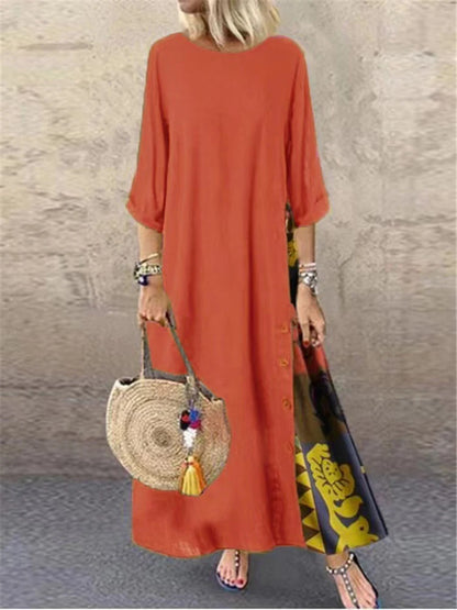 Women Vintage Harajuku Long Dress Bohemian Stitching Print 3/4 Sleeve O Neck Loose Oversized Maxi Dress Casual Elegant Robe