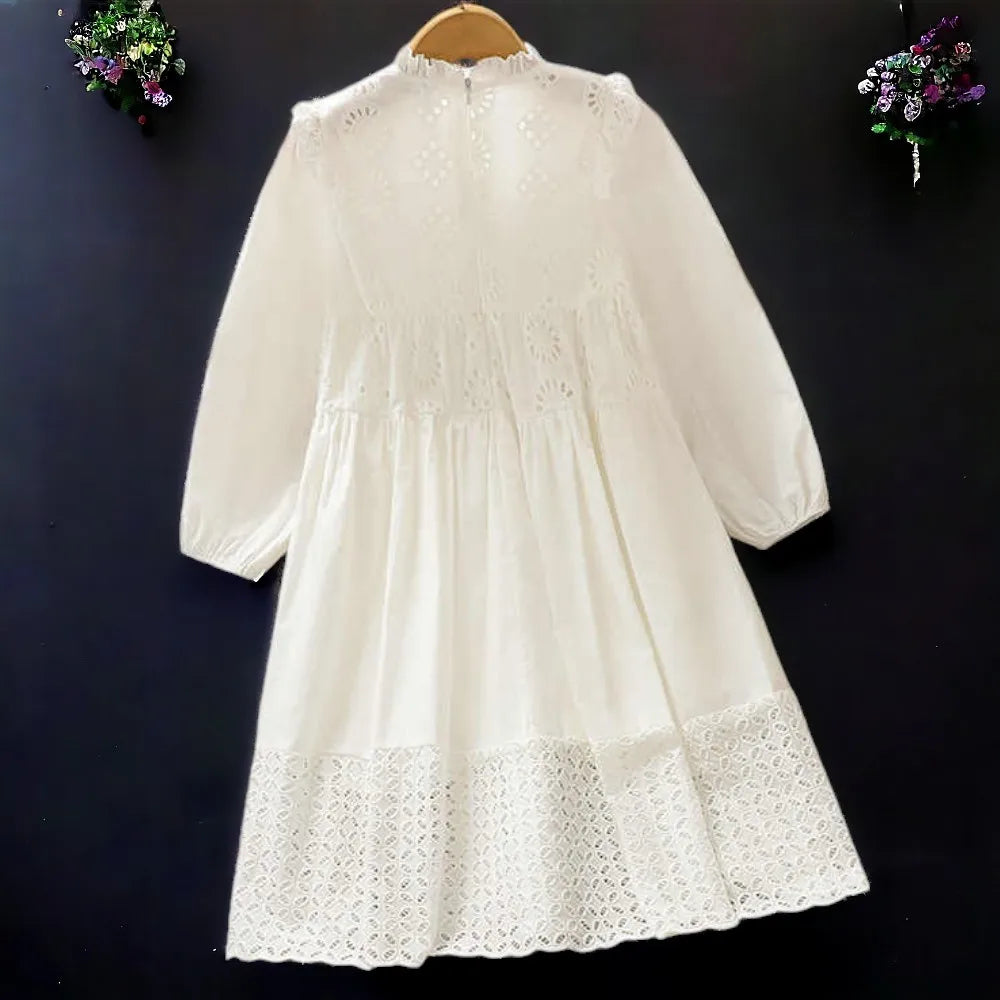 Cute Girls White Lace Dresses for Kids outfits Princess Maxi Dress Teenagers School Uniform Children Costumes 6 8 10 12 13 Years
