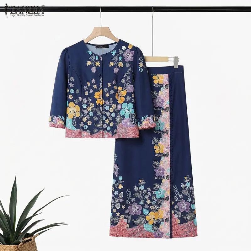 ZANZEA Women's Elegant Floral Print 2 Pieces Matching Skirt Sets 3/4 Sleeve Blouses & Maxi Skirts Suits Office Lady Outfits 2pcs