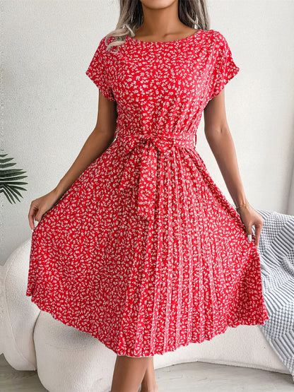 Ficusrong Fashion Floral Pleated A Line Long Dress Women Spring Summer Short Sleeve High Waist Chic Dress