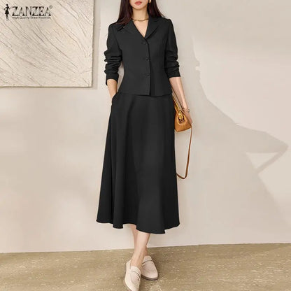 2026 ZANZEA Spring Lapel Neck Long Sleeve Shirt Dress Sets Office Women 2 Pieces Sets Stylish Solid OL Outfits A Line Skirt Suit