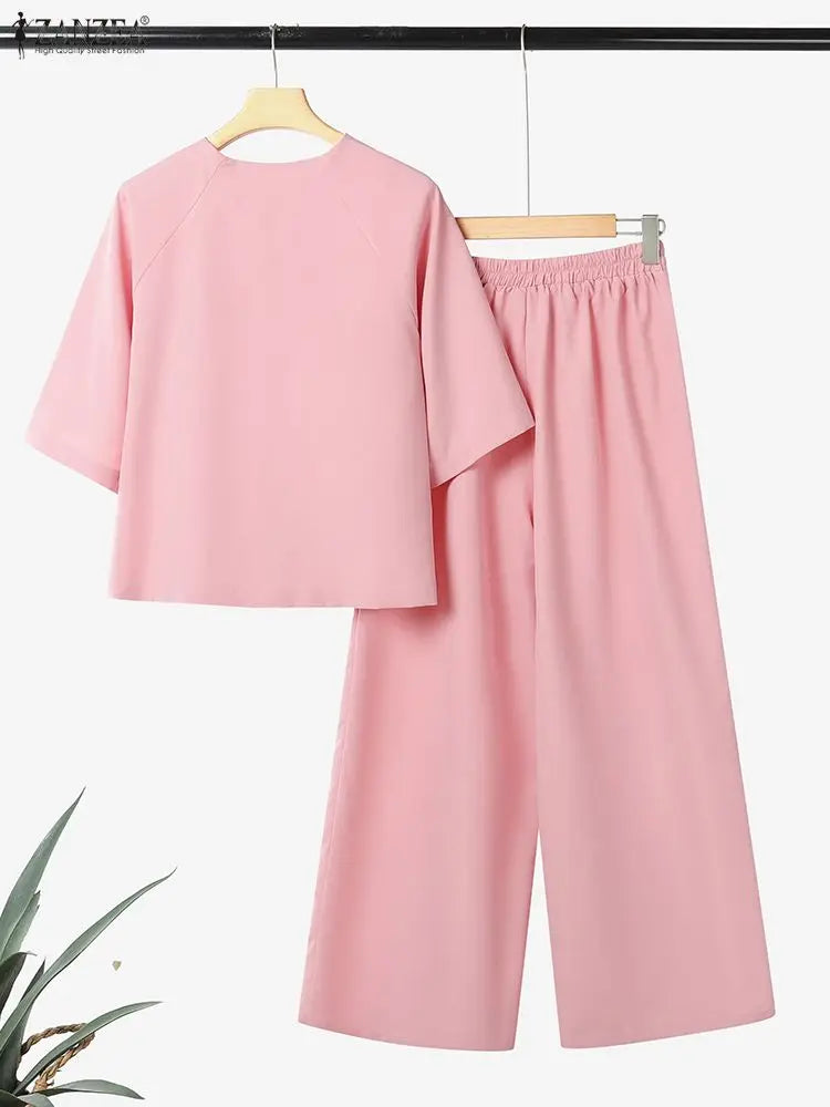2025 Summer Pant Sets ZANZEA Women 2 Piece Sets O Neck Half Sleeve Shirt Trousers Suits Casual OL Work Outfits Printed Tracksuit