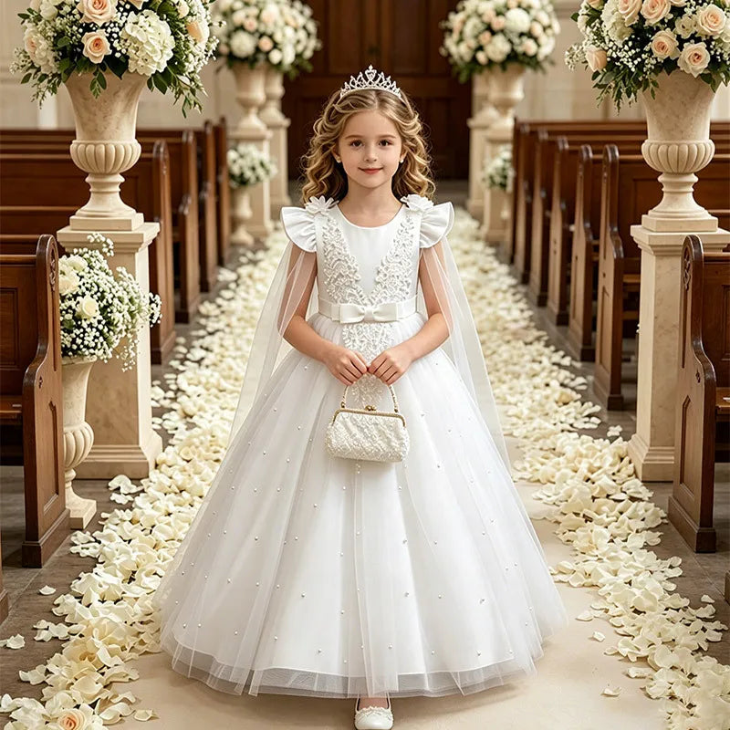 New Lace Bow Shawl Flower Girl Dress with Little Flutter Sleeves for Girls