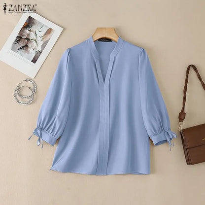 ZANZEA Summer Women's Elegant Blouses V-Neck 3/4 Puff Sleeves Lace Up Solid Color Pullover Tops Casual Loose Blusas de Mujer