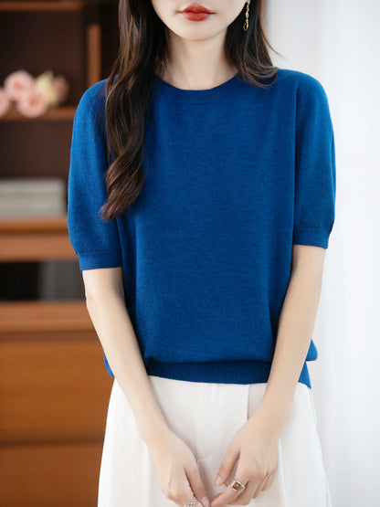 Autumn Women 100% Merino Wool Sweater O-Neck Cashmere Pullover Basic Fashion Short Sleeve Clothing Comfort Top Casual Solid