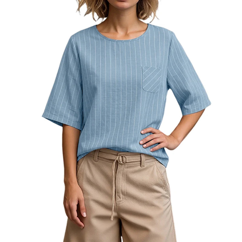 ZANZEA Casual Striped Blouses Woman Minimalist O-Neck 3/4 Sleeve Pocket Loose Tops Tunic Autumn 2026 Daily Wear Blusas Mujer
