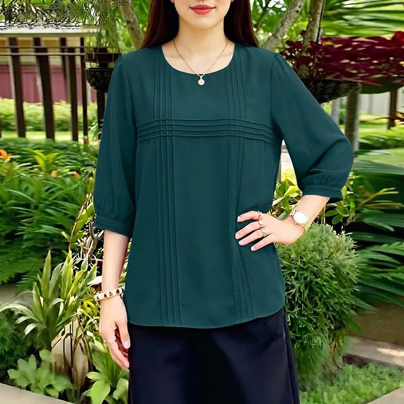 ZANZEA Woman Casual Minimalist Blouses Summer Pintuck Detailing O-Neck 3/4 Puff Sleeve Solid Color Tops Everyday Blusas de Mujer