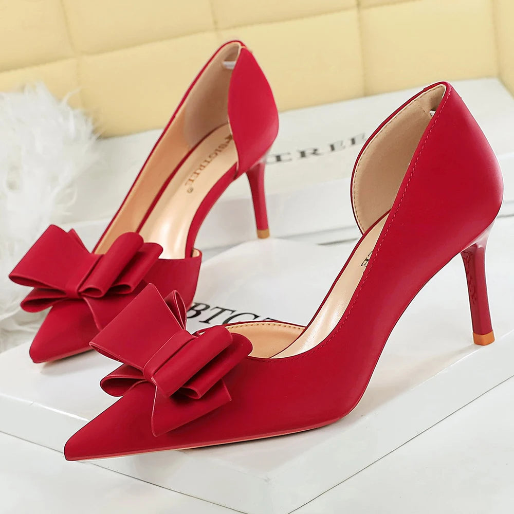 Large Size 43 Women Pumps Stilettos 7 cm Heels Women Shoes Silks Satins Kitten High Heels Three Layer Bowknot Design Women Heels