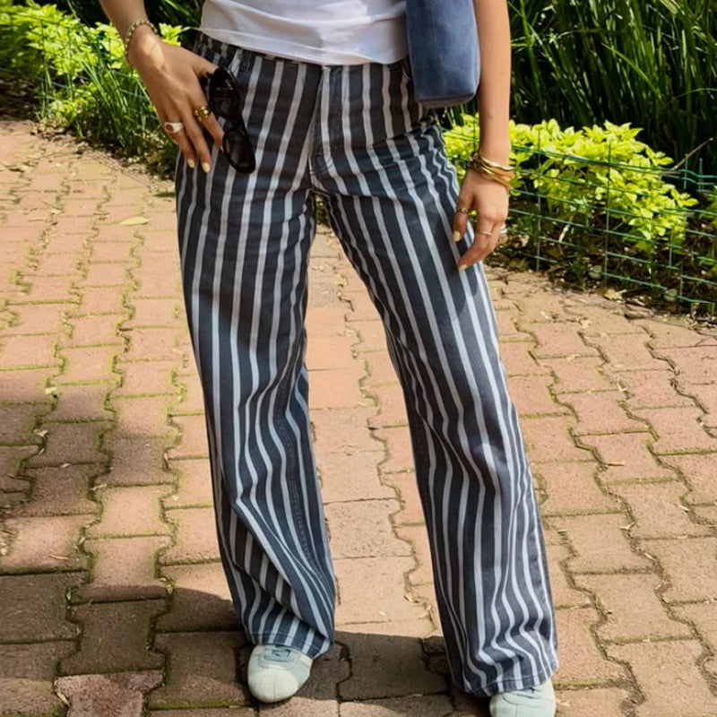 HXAO Striped Denim Pants Women's Pants Summer 2026 Baggy Wide Leg Mid Waist Jeans Office Wear Women Chic Loose Straight Trousers