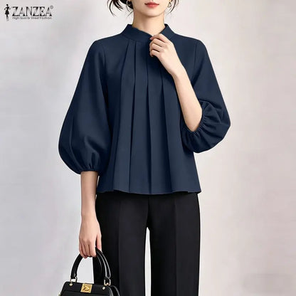 ZANZEA Women 3/4 Lantern Sleeve Blouses Summer Stand Collar Pleated Detailing Solid Color Tops Spring Commute Work Blusas Mujer