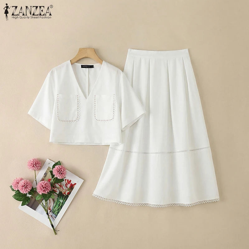 2026 ZANZEA Summer Elegant V Neck Short Sleeve Blouse Dress Sets Stylish Women Outfits Elegant OL Work Suit Solid 2 Pieces Sets