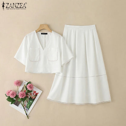 2026 ZANZEA Summer Elegant V Neck Short Sleeve Blouse Dress Sets Stylish Women Outfits Elegant OL Work Suit Solid 2 Pieces Sets
