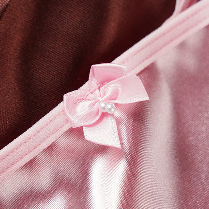 1/3Pcs Women Satin Thong Underwear Sexy Low Waist Bow G-string Cotton Crotch T-back Panties M-2XL
