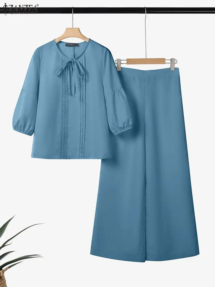 2026 ZANZEA Spring Pant Sets Women 2PCS Outfits O Neck 3/4 Sleeve Blouse Trousers Casual Solid OL Work Tracksuit 2 Pieces Sets