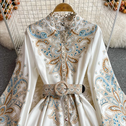 Spring Autumn Women's Dress Vintage Long Sleeve Print Floral High Waist Boho Party Maxi Vestidos Elegant Luxury Long Dresses