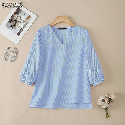 ZANZEA Woman Minimalist Striped Blouses Casual V-Neck 3/4 Puff Sleeve High-Low Tops Spring Summer Day Wear Blusas de Mujer