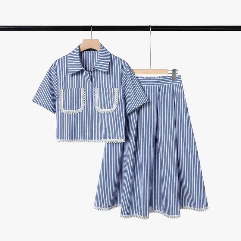 ZANZEA Women's Lace Trim Striped Skirt Suits Short Sleeve Crop Shirt & A-Line Midi Skirt 2 Pieces Sets Fashion Skirt Sets Outfit