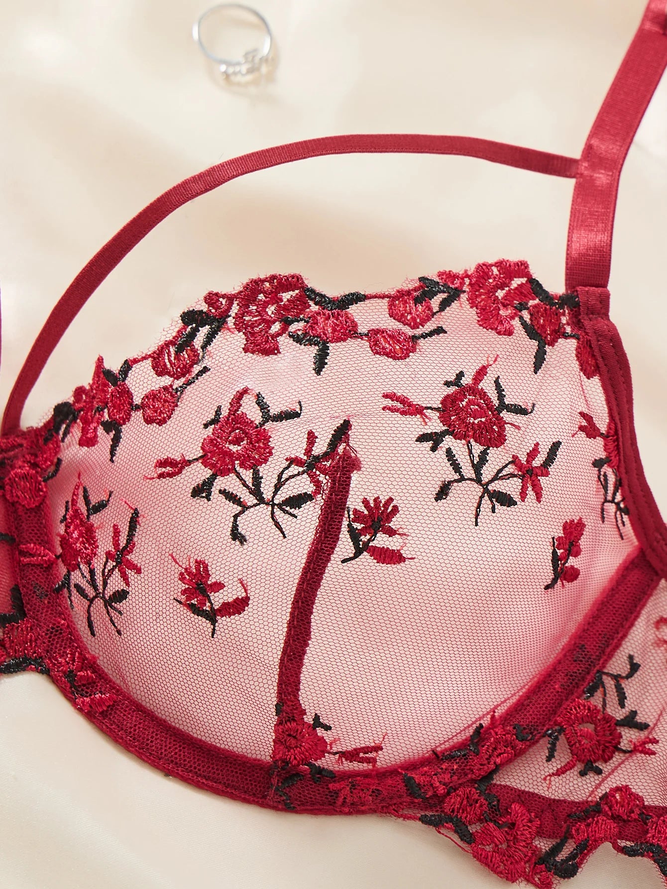 Vintage Wine Red Floral Lace Lingerie Set Thin Double Straps Sheer Transparent Mesh Bra Adjustable Briefs Boudoir