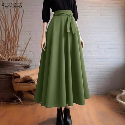 ZANZEA Elegant Maxi Skirts 2026 Women Elastic Waist Jupes Casual Faldas Saia Belted High Waist Fashion Solid Street Overskirts