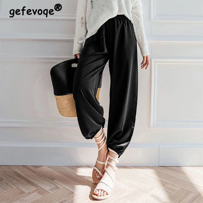 Summer Fashion Elastic Waist Loose Casual Ankle Length Satin Lantern Pants Women Solid Color All-match Trousers Female Clothes