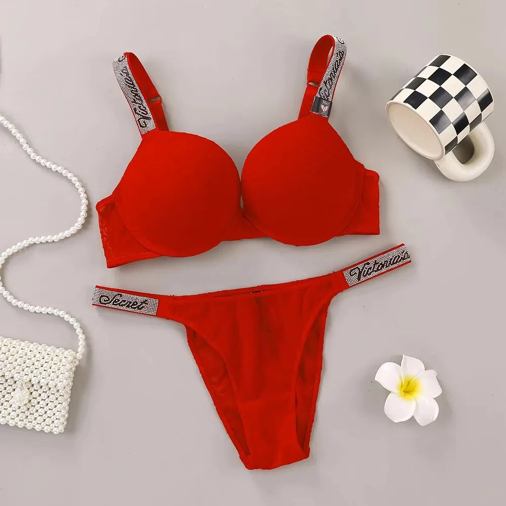 Victoria Secret Sexy Women Underwear Very Sexy Logo Shine Strap Embossed Lace Push Up Bra Shine Script Thong Panty