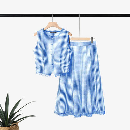 ZANZEA Summer Sleeveless Plaid Patchwork Vests Tops Dress Sets Elegant Women 2 Pieces Sets Stylish OL Work Skirt Suit OL Outfits
