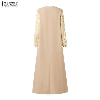 ZANZEA Women Patchwork Muslim Abaya Maxi Dresses Casual O Neck Long Sleeve Loose Ramadan Sundress Kaftan Hijab Dress Robe Femme