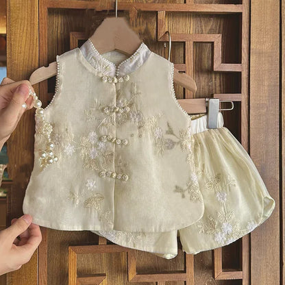 Fashion Chinese Tops Pants Girl Suit Casual Costume Kids Clothes Baby Outfit Summer Two-piece Set Girls Hanfu Children's Sets
