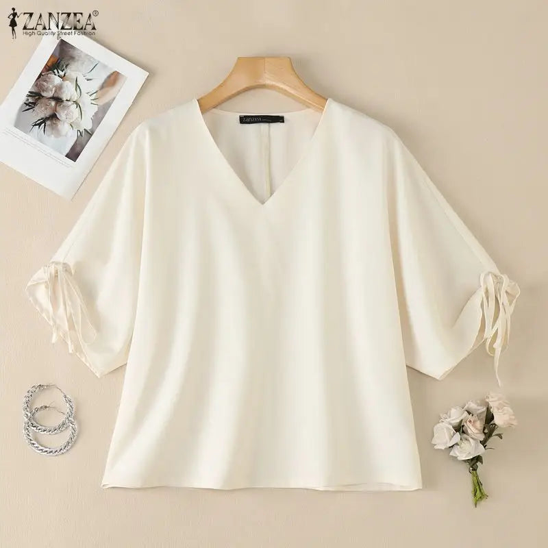 ZANZEA Woman Summer Loose Blouses Casual V-Neck Half Sleeve Tied Cuffs Solid Color Tops Fashion Daily Streetwear Blusas Mujer