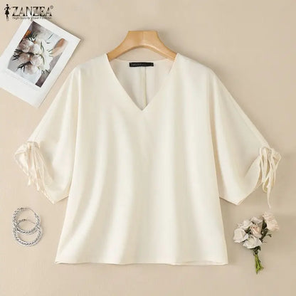 ZANZEA Woman Summer Loose Blouses Casual V-Neck Half Sleeve Tied Cuffs Solid Color Tops Fashion Daily Streetwear Blusas Mujer