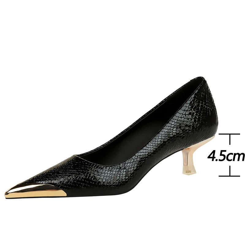 BIGTREE Shoes 4.5 Cm Women Kitten Heels Sequin Cloth Snake Pattern Middle Heeled Shoes Metal Pointed Tip Women Pumps Fashion