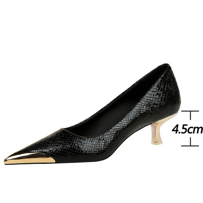 BIGTREE Shoes 4.5 Cm Women Kitten Heels Sequin Cloth Snake Pattern Middle Heeled Shoes Metal Pointed Tip Women Pumps Fashion