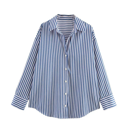 ETJ 2025 women's spring new europe-american fashion striped long sleeve lapel loose version poplin shirt multi-color selection
