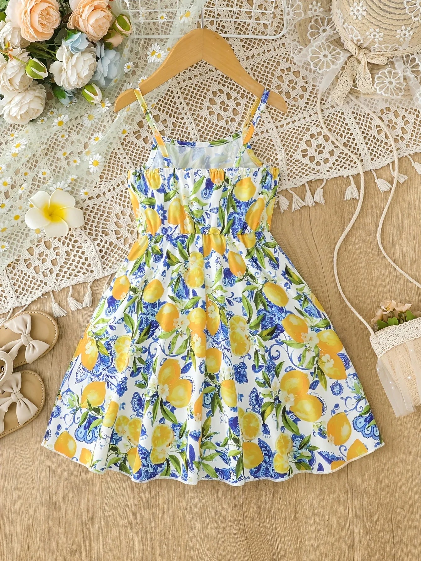 Girls 1-Piece Vacation Sundress, Lemon Blue Floral Print Spaghetti Strap A-Line Casual Summer Dress
