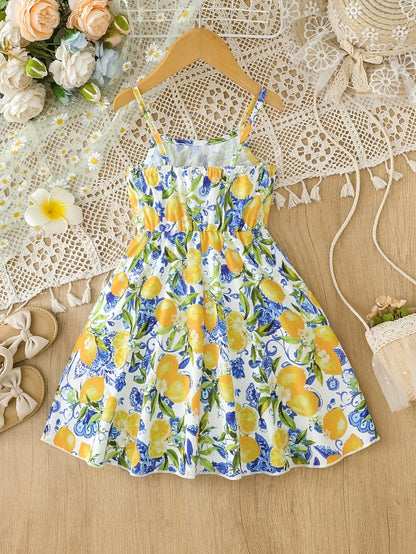 Girls 1-Piece Vacation Sundress, Lemon Blue Floral Print Spaghetti Strap A-Line Casual Summer Dress