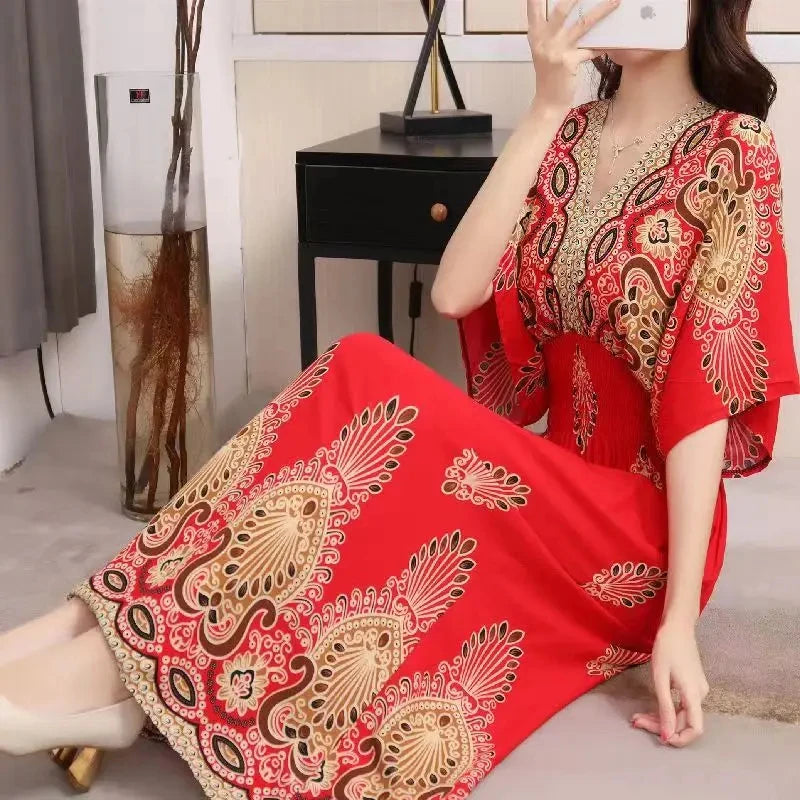 Casual Elegant Retro Bohemian National Style V-neck Elastic  Waist Large Swing Printed Summer Long Skirt Woman Dress Clothes