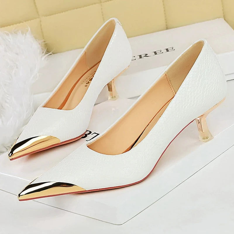 BIGTREE Shoes 4.5 Cm Women Kitten Heels Sequin Cloth Snake Pattern Middle Heeled Shoes Metal Pointed Tip Women Pumps Fashion
