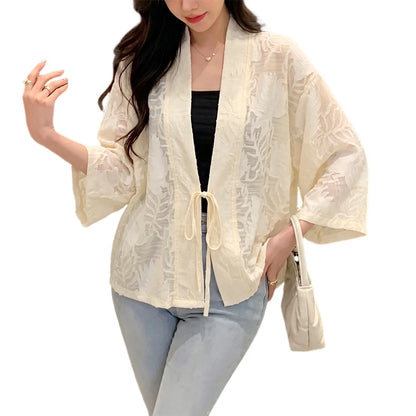 ZANZEA Woman Textured Floral Clip-Dot Cardigans V-Neck Long Sleeves Lace-Up Open Front Kimonos Summer Vacation Beach Cover-Up