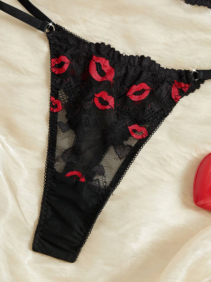 Sheer Mesh Lingerie Set Red Lips Print Bra Thong Adjustable Back Band Hollow Out Sexy Push Up Gift