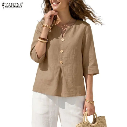 ZANZEA Women Breathable Cotton Linen Blouses V-Neck Half-Sleeve Loose Plain Tops Summer Daily Casual Vacation Beach Blusas Mujer