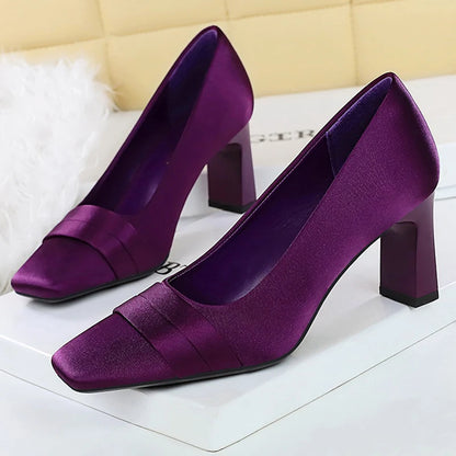BIGTREE Shoes Square Head Women Pumps Silks Satins High Heels Banquet Dress With Bridesmaid Shoes Chunky Heel Ladies Shoes New