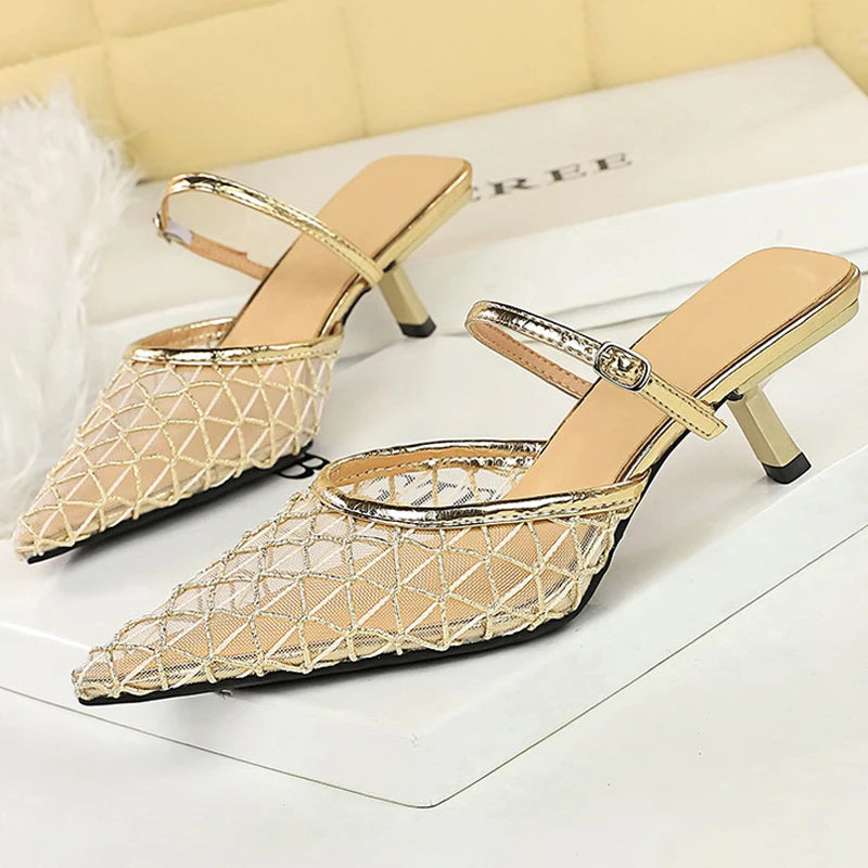 BIGTREE Shoes Mesh Lace Pointed Women Sandals Buckle Kitten High Heels Stiletto Summer Sexy Half Slipper Women Shoes Breathable