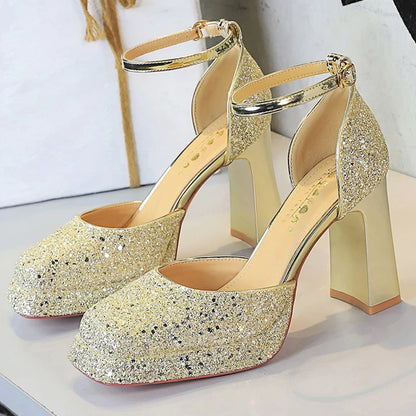 BIGTREE Shoes Chunky Block Heels Women's Sandals Sequined High Heels Fashion Wedding Shoes Platform Sandals Summer Women Shoes