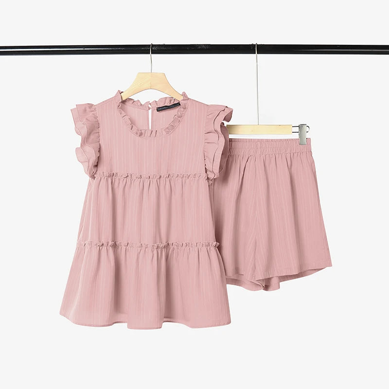 ZANZEA Summer Elegant Short Sleeve Ruffled Blouse Shorts Suit Stylish Women 2 Pieces Sets Holiday Outfit Tracksuit Matching Sets